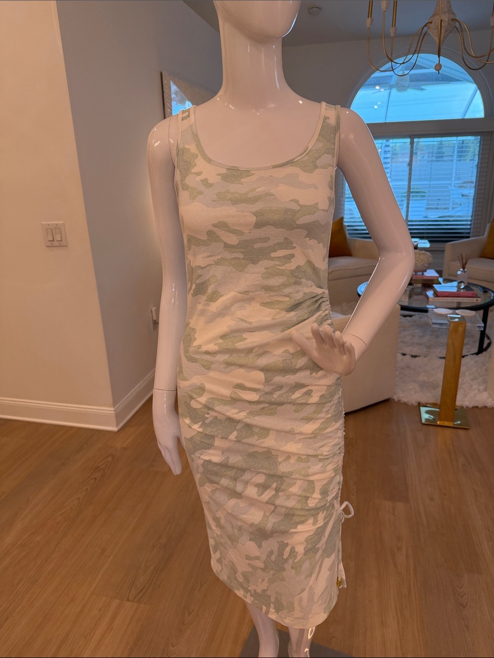 Sleeveless Camo Bodycon Dress in Light Green and Cream